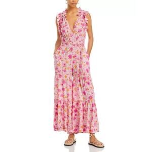 Poupette St Barth Belene Floral Wide Leg Ruffle Romper Jumpsuit Pink Petunia